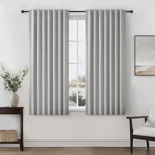 "Grey 100% Blackout Curtains 45 Inches Long 2 Panels Set, Short Linen Heat Blocking Drapes 46 Inch Small Window Decor for Kitchen Bedroom Bathroom Thermal Insulated Textured Hook Belt(W50""xL45"",Gray)"
