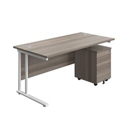Office Hippo Heavy Duty Rectangular Cantilever Office Desk, Home Office Desk With 2 Drawer Lockable Mobile Pedestal Filing Cabinet, File Cabinet, 5 Yr Wty, White Frame, Grey Oak, 160 x 80 cm