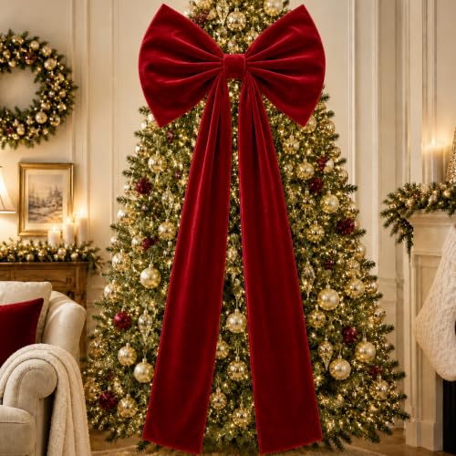Knitgrip 20 x 71 Inches Christmas Extra Large Velvet Bows Christmas Tree Topper Decor Giant Xmas Tree Toppers Bows for Home Wreath Wall Backdrop Birthday Wedding Party Decorations(Deep Red)