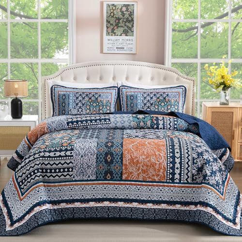 "WONGS BEDDING Navy Blue Quilt Set Full Size,Bohemian Patchwork Bedspread Coverlet Set, Reversible Farmhouse Floral Pattern Bedspreads Bedding Set for All Seasons (78""x90"")"