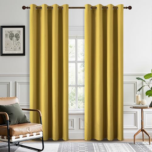 DONREN Thermal Insulated Linen Full Blackout Curtains 52x90 Inches, Grommet Room Darkening Drapes for Bedroom & Living Room, 2 Panels, Gold Yellow