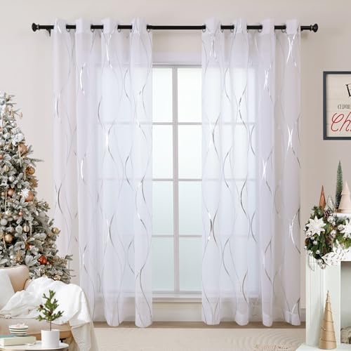 L.Z.E White and Silver Sheer Curtains for Living Room, See Through Sheer Curtains 72 Inches Long 2 Panels Set, Grommet Light Filtering Window Drapes with Elegant Wave Patterns