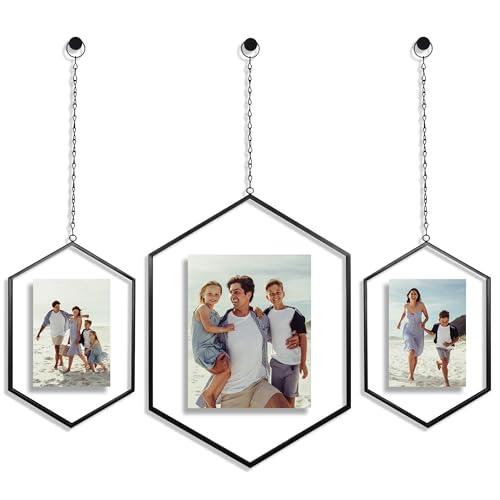 Americanflat Metal Floating Frame with Chain - Set of 3 - Use as 8x10 or 5x7 Frame - Pressed Flower Display for Wall Decor - Elegant Black Molding with Shatter-Resistant Glass