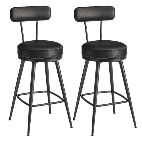 VASAGLE EKHO Collection - 360?Swivel Bar Stools Set of 2, Counter Chairs with Backs, Synthetic Leather with Stitching, Mid-Century Modern, 65 cm Tall, Kitchen Home Bar, Ink Black