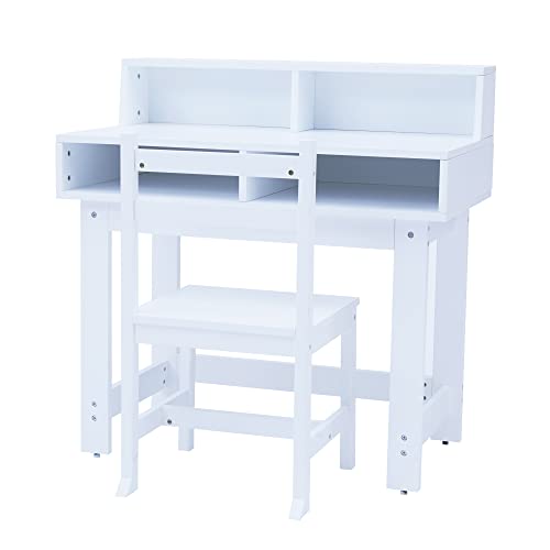 Teamson Kids Fantasy Fields Wooden Writing Desk with Storage, Children's Play Table and Chair Set, School Study Desk Organiser in White