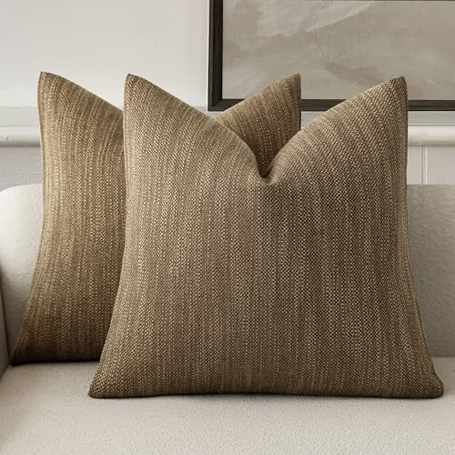 Foindtower Set of 2 Decorative Textured Burlap Linen Throw Pillow Covers Farmhouse Boho Cushion Cover Solid Accent Pillowcase for Couch Sofa Bed Living Room Home Decor, 24??24 Inch,Cocoa Brown
