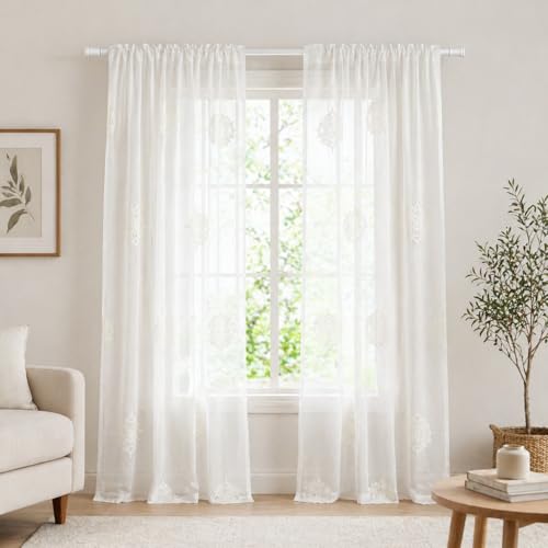 VOGOL White Sheer Curtains 2 Panels, European Floral Pattern Rod Pocket Window Curtains for Large Windows Sliding Door, W60 X L106