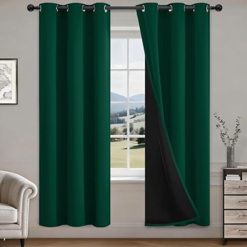 COSVIYA 100% Green Blackout Curtains for Bedroom Living Room 72 Inches Length 2 Panels Set, Full Light Blocking Thermal Insulated Grommet Nursery Window Treatment Drapes with Black Liner,W40 x L72