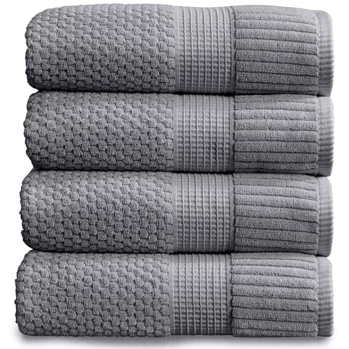 "NY Loft 100% Cotton Bath Towel 4 Pack - Super Soft & Absorbent Quick-Dry Bath Towels 30"" x 52"" -Textured and Durable Cotton - Trinity Collection (4 Pack Bath Towel, Charcoal Grey)"