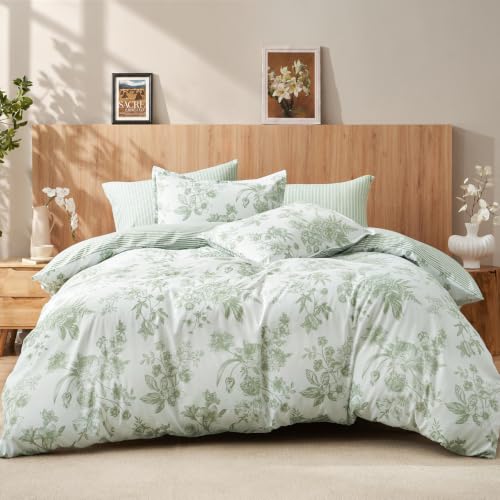 "PHF Ultra Soft Floral Duvet Cover King Size, Printed Bedding Set 3 Pieces, Comfy Farmhouse Pattern Duvet Cover Set with 2 Pillow Shams, Zipper Closure and 8 Ties, 104""x90"", Flower-Green"