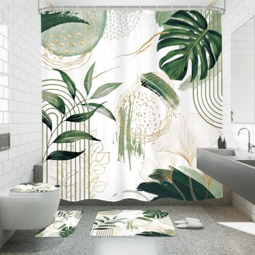 Green Shower Curtain with Rugs Boho Sage Modern Tropical Leaf Bathroom Sets - Sage Green Bathroom Set with Shower Curtain and Rugs Waterproof Non-Slip Bath Rug Toilet Lid Cover U Shape Mat Bathroom Decor