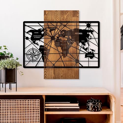 Elegant Decorative Wooden Wall Accessory, 57 x 63 cm, 100% Real Wood (3 cm) & Metal (1.5 mm), Unique Walnut & Black Finish, Perfect for Home Decor
