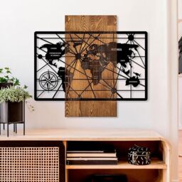 Elegant Decorative Wooden Wall Accessory, 57 x 63 cm, 100% Real Wood (3 cm) & Metal (1.5 mm), Unique Walnut & Black Finish, Perfect for Home Decor