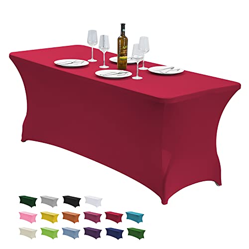 CWK 6FT Stretch Spandex Table Cover for Rectangular Fitted Folding Tables, Wrinkle Resistant, Elastic Stretchable Patio Tablecloth Protector for Party, Banquet, Wedding and Events (Apple Red)