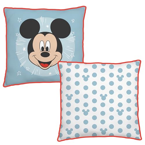 Disney Mickey Mouse Officially Licensed Square Cushion, Super Soft Pillow - Blue Reversible Design - Perfect For Bedroom Or Living Room Décor - 40 x 40cm