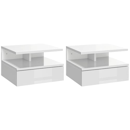 HOMCOM Floating Bedside Table Set of 2 Wall Mount Bedroom High Gloss White