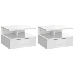 HOMCOM Floating Bedside Table Set of 2 Wall Mount Bedroom High Gloss White