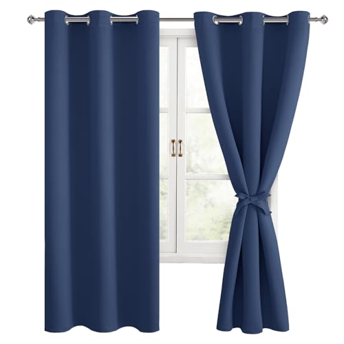 Hiasan Room Darkening Window Curtains for Bedroom, Thermal Insulated, Energy Saving Blackout Curtains, Set of 2 Panels, Sewn with Tiebacks, Grommet Top (Navy, Width 42 Inch x Length 63 Inch)