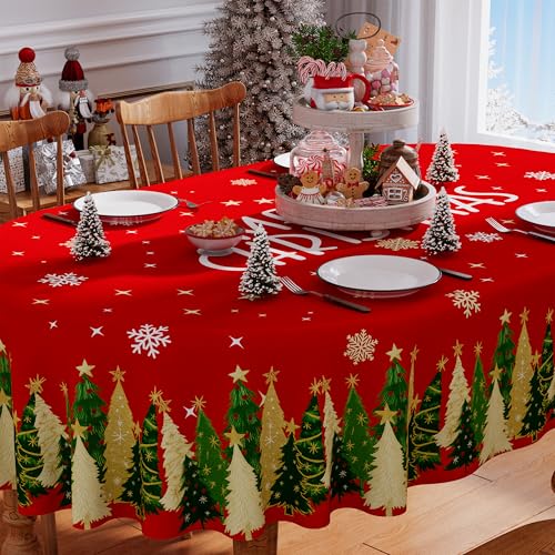 Siilues Christmas Tablecloth 60x84 Inch Oval, Red Vintage Christmas Trees Table Cover Seasonal Winter Waterproof Dining Table Cloth Home Party Decor