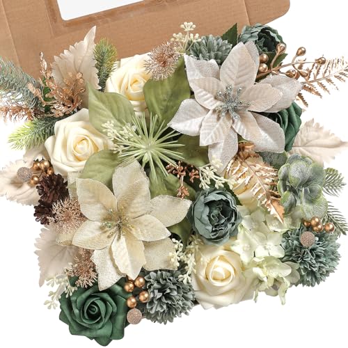 rongflower Christmas Artificial Flowers Greenery Combo Box Set Silk Flowers Fake Rose for DIY Christmas Red Theme Decoration Tree Ornaments, Xmas Wreath Floral Arrangements Party