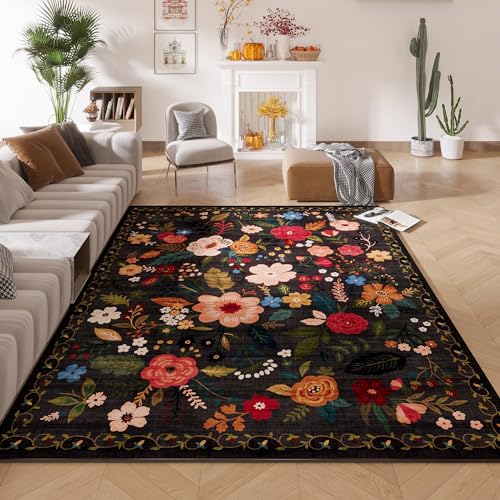 Rugcomf Boho Area Rug - 5x7, Machine Washable, Non Slip, Floral Vintage, Low Pile, Large Rugs for Living Room, Bedroom, Farmhouse, Dining Room, Kids Playroom (Black)