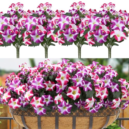 Geegoods Artificial Flowers Plants for Outdoors, 8 Bundles UV Resistant Fake Faux Petunias for Outdoor Planters Patio Front Porch Balcony Gardon Decor
