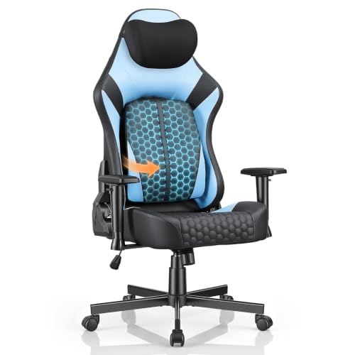 JUMMICO Ergonomic Gaming Chair, Pop-Out Dynamic Lumbar Support, 2D Adjustable Armrests, 90–135° Reclining High Back Computer Chair with Memory Foam Headrest, Max Load 150kg,Blue
