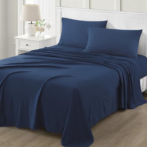 "Martha Stewart Ultra Soft Brushed and Washed Microfiber 4 Piece Sheet Set, Easy Care, Comfy Bed Sheets, Deep Pocket up to 16"", 1 Flat and 1 Fitted Sheet, 2 Standard Pillowcases, Full Size, Navy Blue"