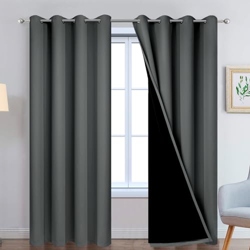 "Yakamok Full Shade Curtain Panels, Heavy Duty Lined Curtains 90 Inches Long, Thermal Insulated Room Darkening Curtains with Black Liner for Bedroom(52"" Width Each Panel, Dark Gray, 2 Panels)"