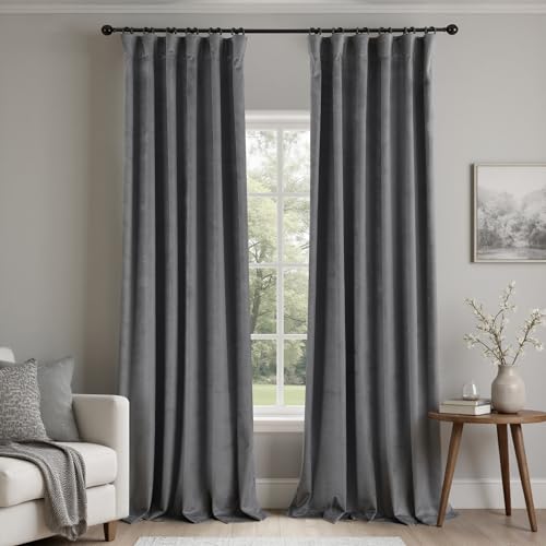 KOUFALL Grey Back Tab Velvet Curtains for Living Room 52x96 Inches Long 2 Panels