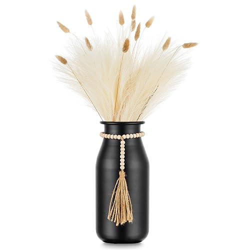 Sziqiqi Black Metal Boho Vase - 23cm Cylinder Vase for Table Decor with Bead Strings for Pampas Grass & Artificial Flowers