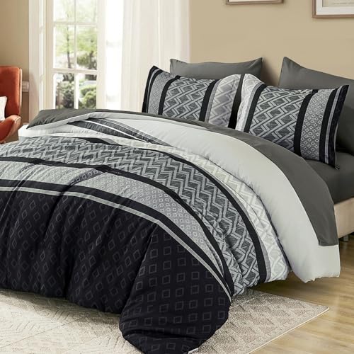 Cottolester Boho Comforter Set Queen Size,Black Gray Striped Bed in a Bag,7 Piece Plaid Comforter and Sheet Set,Soft Microfiber Complete Bedding Sets