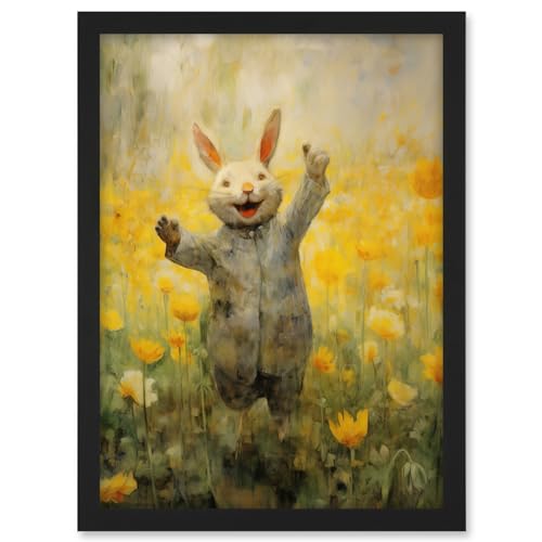 Artery8 Tulips and Rabbit Watercolour Fun Kids Baby Nursery Artwork Framed A3 Wall Art Print