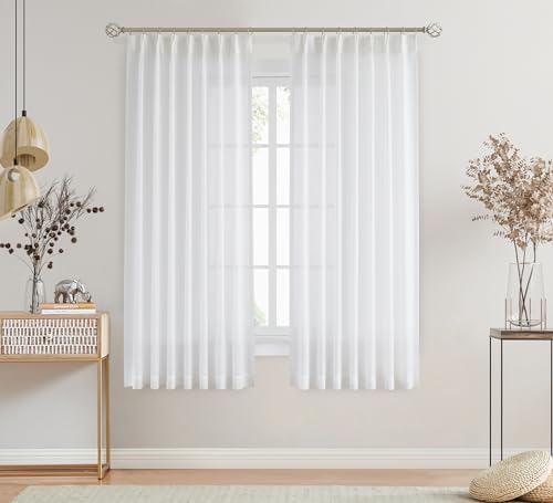 "CENTRAL PARK Pinch Pleated Sheer Curtain Panels Linen Textured Window Drape Farmhouse Rustic Treatment Sets for Living Room Bedroom, 40""x72""x2, White"
