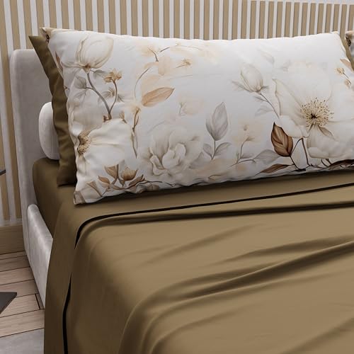 PETTI Artigiani Italiani - Double Bed Sheets Cotton with Pillowcases in Digital Print, Double Bed Sheet with Floral Pattern 18 Mud, 100% Made in Italy