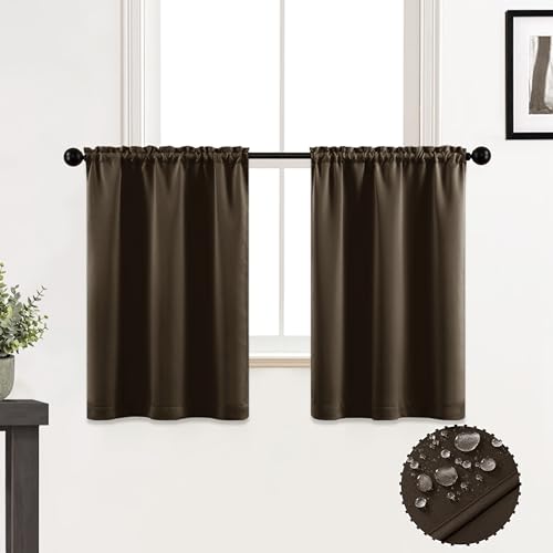 XTMYI Dark Brown Cafe Curtains for Kitchen, Set of 2, Insulated Waterproof Short Curtains for Bathroom, Small Window, 30 Inch Length, Espresso