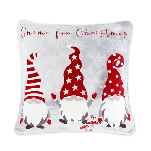 Fusion Christmas Gonks Cushion – Red Reversible Festive Design with Gnomes & Polka Dots, 43x43cm – Filled Decorative Cushion with Cover – Holiday Home Decor