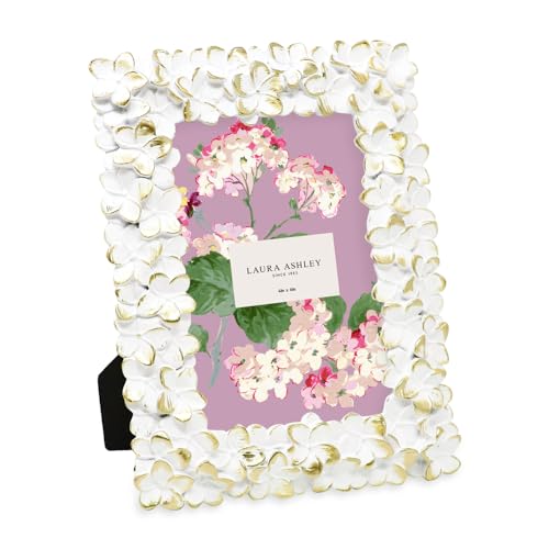 Laura Ashley 4x6 White & Gold Flower Textured Hand-Crafted Resin Picture Frame w/Easel & Hook for Tabletop & Wall Display, Decorative Floral Design Home Décor, Photo Gallery, Art (4x6, White/Gold)