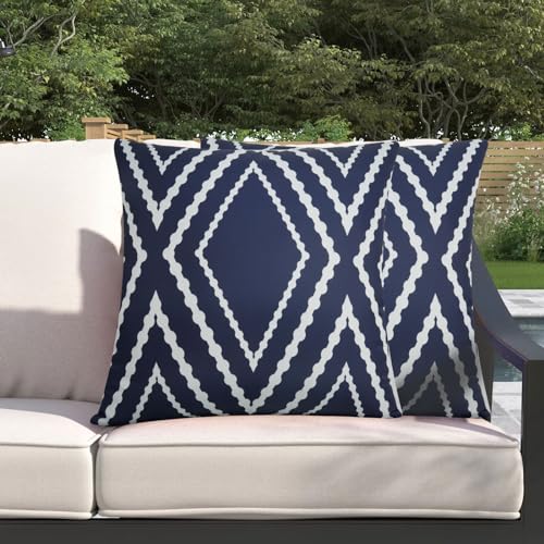 Adabana Outdoor Waterproof Throw Pillow Cushion Covers Set of 2 Boho Geometric Pillows Cover for Patio Garden 20 x 20 Inch Navy Blue