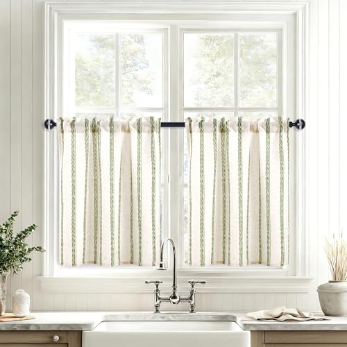 JIUZHEN Striped Linen Kitchen Curtains 2 Panels - Short Tier Drapes with Rod Pocket, Farmhouse Cafe Curtains for Small Windows 36 Inch Length, Wheat Stripe Green