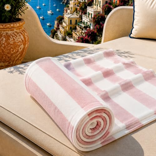 PETTI Artigiani Italiani - Microfibre Beach Towel, Beach or Pool Towel, Beach Towel, Large 90 x 180 cm, Light Powder White Stripes