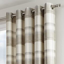 "Fusion - Balmoral Check - 100 Percent Cotton Pair of Eyelet Curtains - 46"" Width x 54"" Drop (117 x 137cm) in Natural, Nautral"