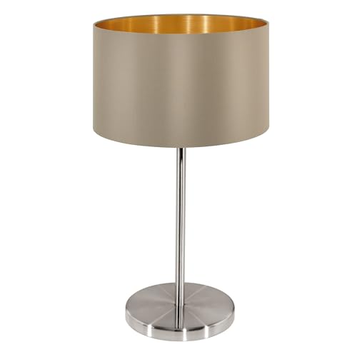 EGLO Bedside lamp Maserlo 1, Side Table Light Made of Nickel matt Steel and Fabric in Taupe and Gold, Living Room Lighting with Switch, E27 Socket