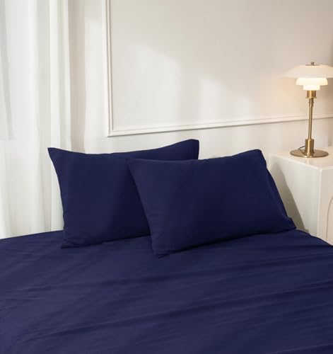 JIYUAN 100% Washed Cotton Pillowcases Set Envelope Closure Pack of 2 Comfy Simple Style Soft Breathable Textured Durable Linen Feel Bedding for All Seasons Standard Size, Navy Blue