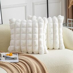 Neelvin Cream White Faux Fur Cozy Soft Plaid Decorative Throw Pillow Covers 18x18 inch（45x45cm） Set of 2,Velvet Pillowcase Cushion Case for Sofa Couch