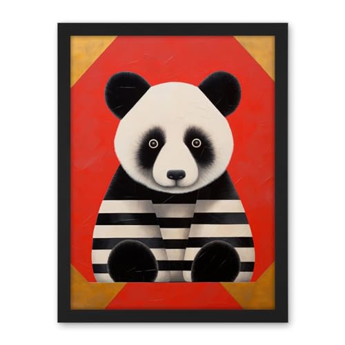 Artery8 Panda with Stripes Fun Kids Bedroom Baby Nursery Bright Bold Artwork Red Black White Artwork Framed Wall Art Print 18X24 Inch