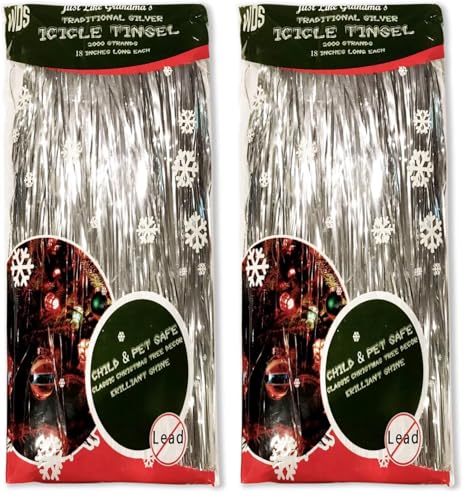 Premium Icicle Tinsel Strands for Christmas Tree - 2000 Old-Fashioned Silver Icicles Garland for Xmas Trees Shiny Mylar - Each Strand 18 in. - Kid Pet Safe (Lead-Free) - Hang with Ornaments & Decor