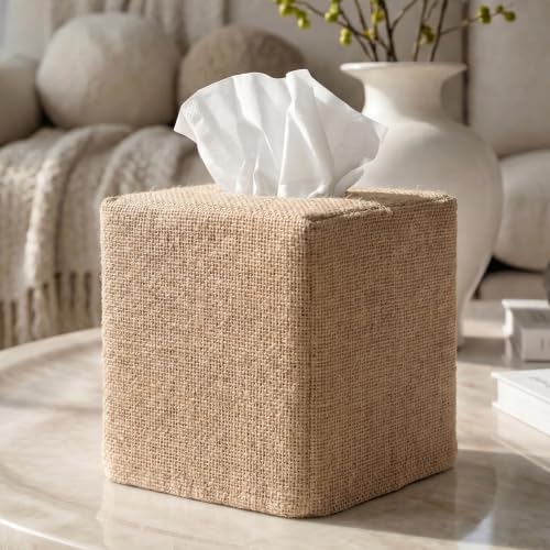 KIBAGA Stylish Burlap Tissue Box Cover - Square Holder for Standard Tissue Boxes - Light-Brown Decorative Cover