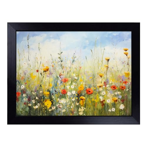 Lap Tray with Bean Bag Cushion, Wildflowers Impressionism - Handmade in the UK, Raised Wooden Edge, Padded Cushion, Heat-Resistant Wipe-Clean Surface, for Meals, Laptops and Crafts