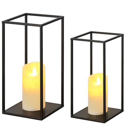 Eufrozy Modern Farmhouse Lantern Decor, Black Metal Candle Lanterns Decorative Indoor Set of 2, Rustic Candle Holder Decoration for Living Room/Home/Outdoor/Table/Fireplace/Mantle/Wedding/Porch
